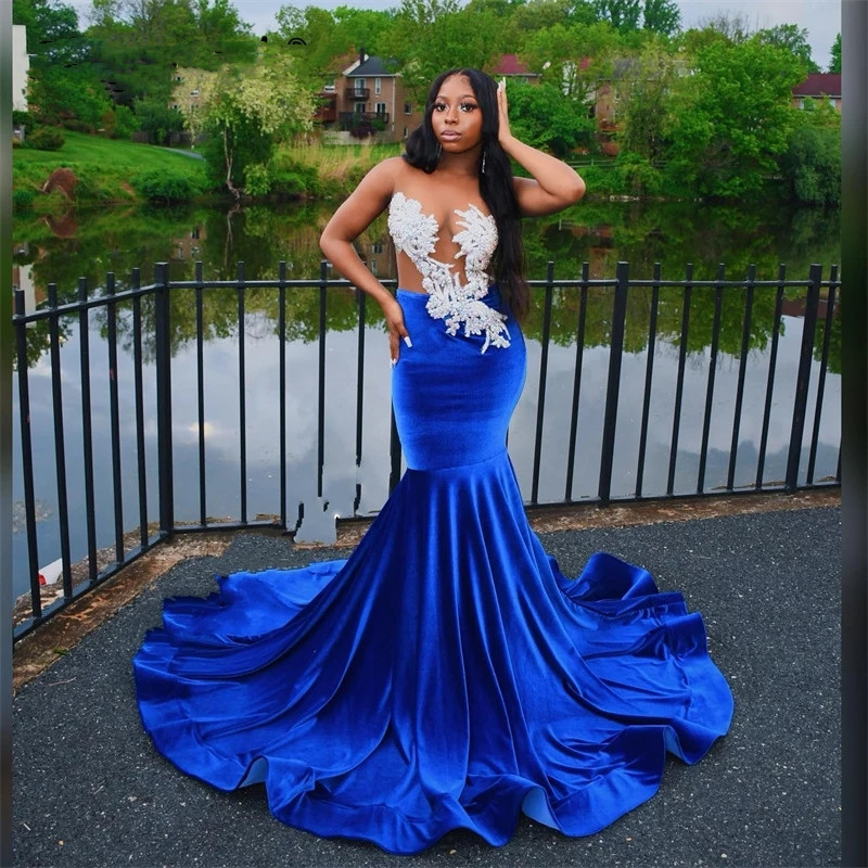 Sexy Royal Blue Mermaid Prom Veet Sheer Neck Beads Crystal Aso Ebi Graduation Party Dress Formal Gowns Robe De Bal 322