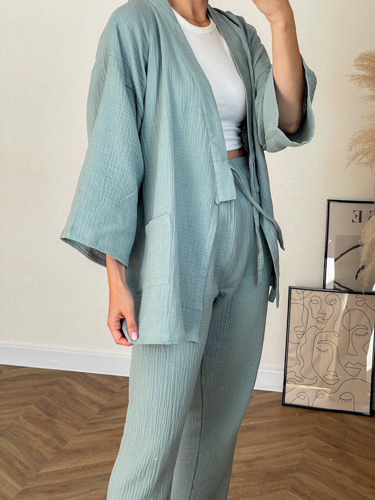 NHKDSASA Kimono Pajamas V-Neck Cotton Crepe Pijamas Women 2 Piece Set Double Layer Gauze Sleepwear Sleep Tops Men Homewear Mujer 220329