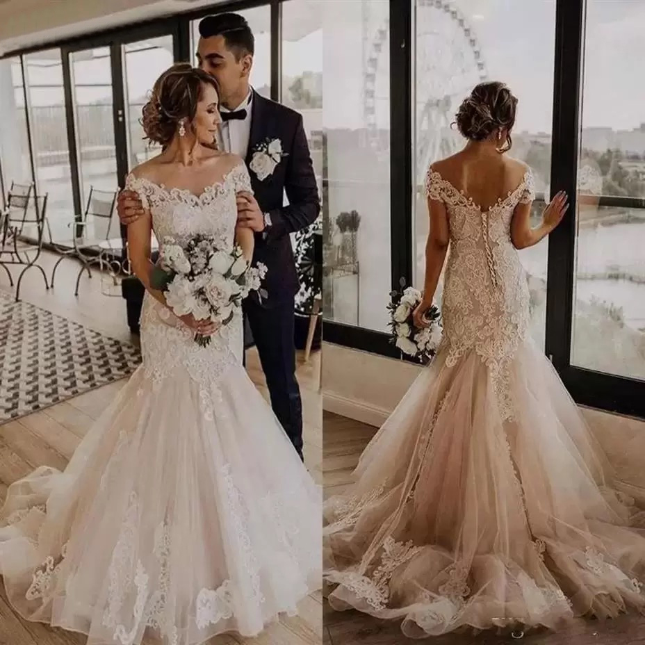 Vintage Bohemian Country Mermaid Wedding Gowns Off Shoulder Lace Appliqued Boho Bridal Dress Court Train Sexy Backless Plus Size Arabic Vestidos De No