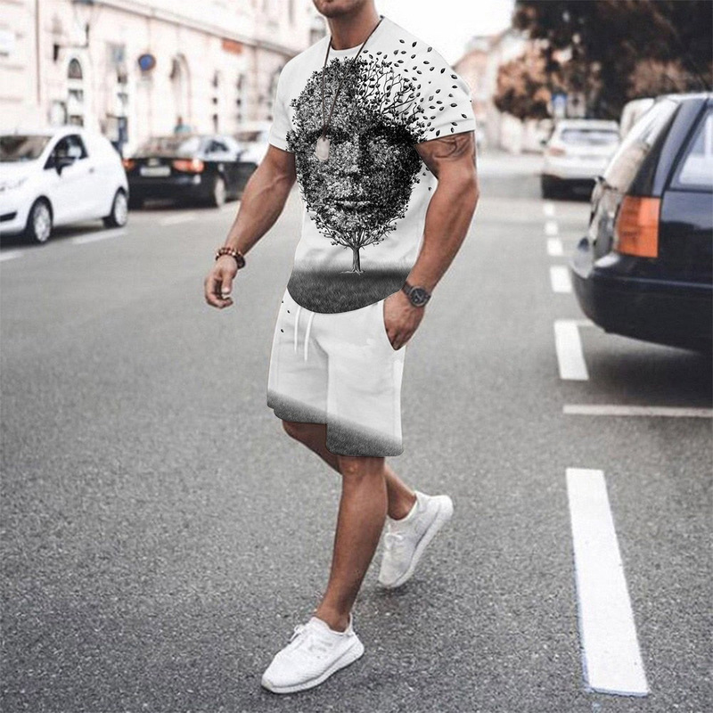 Summer 3D Print Play Cards Men's Set Sportswear Track Suites For Man Fitness Clothes Short-Sleeved T-Shirt Shorts 2-Piece Suit 220817