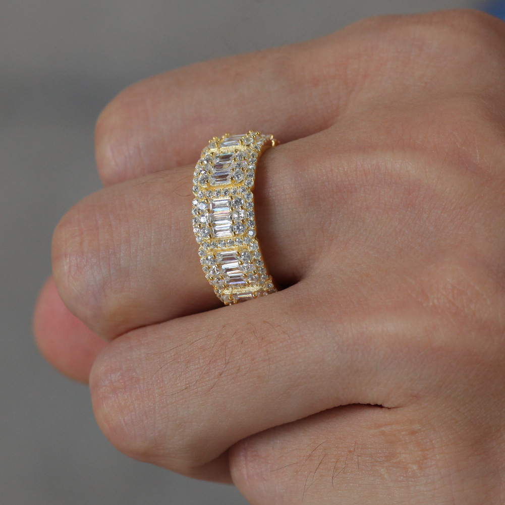 New Iced Out Hip Hop Square Tennis Rings for Women Men Finger Ring Real Gold Bling Baguette CZ Stone Cubic Zirconia Bijoux Wedding Jewelry Boyfriend G