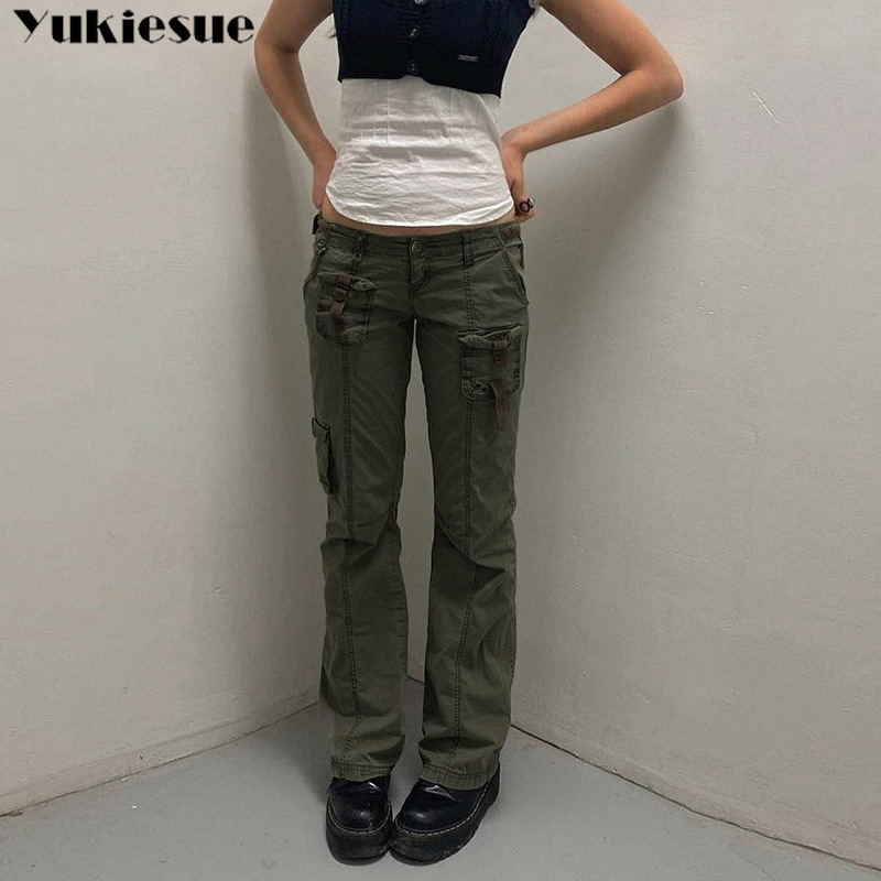 Retro gray overalls wide leg cargo women pant's trousers sexy low waist loose casual vintage streetwear 220325