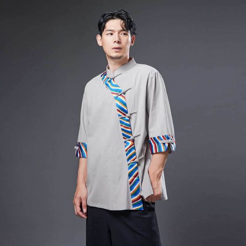 Tang suit ethnic clothing Traditional Costumes for Men cotton linen stand collar top Spring Summer living clothes Asian Adult Wear
