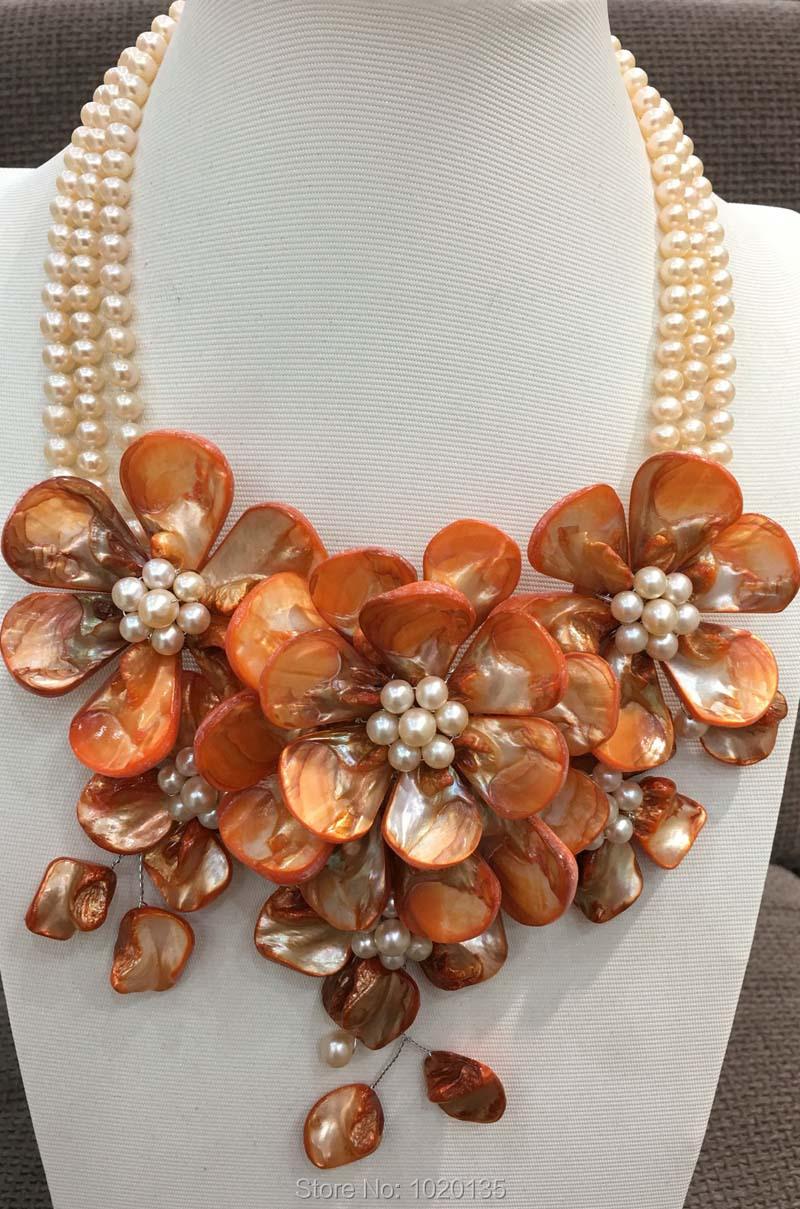 Chains 3rows White Freshwater Pearl And Orange Shell Flower Necklace 18inch FPPJChains
Chains 3rows White Freshwater Pearl And Orange Shell Flower Necklace 18inch FPPJChains