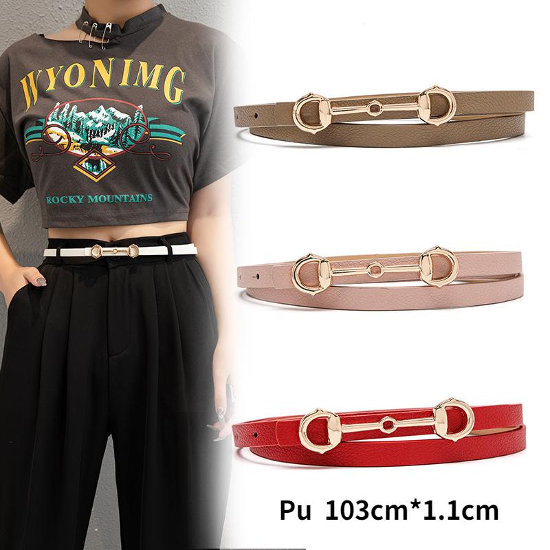 Belts Horsebit Gold Buckle Belt Women Fashion Thin Pu Female Jeans Dress Brand Design Waistband 2022