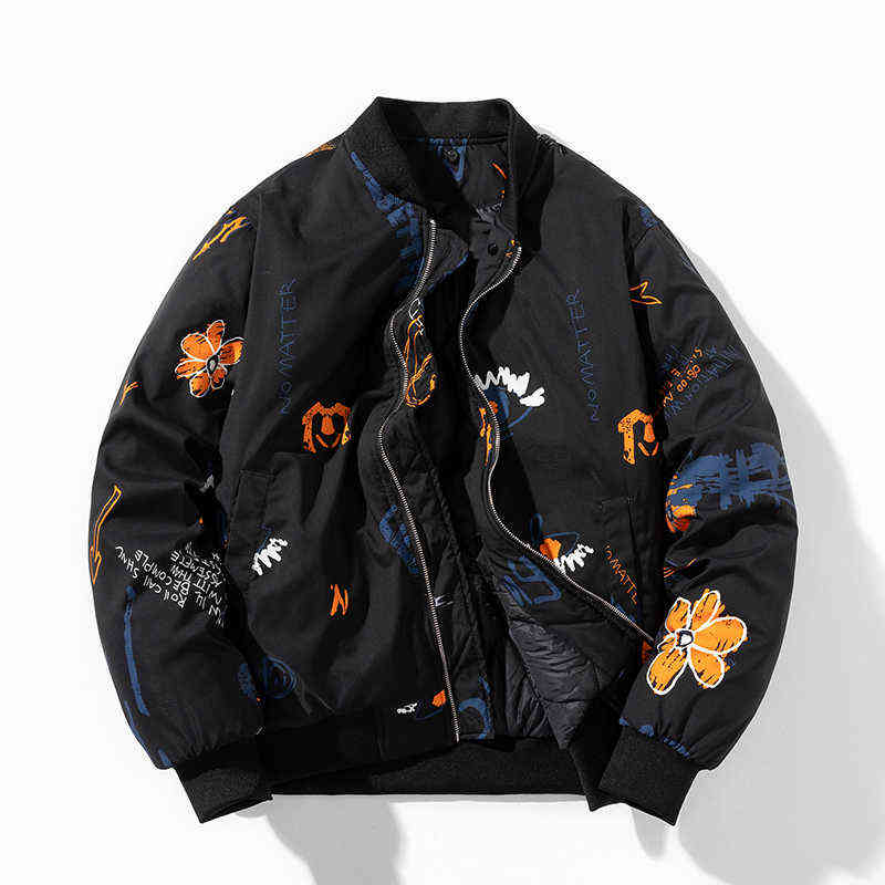 Winter Fashion Jacket Men Women Flower Print Basketball Jacket Hooded Letter Couple Thick Parkas Coat Streetwear College Korean T220816