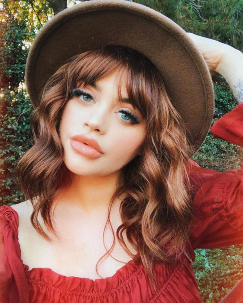 Beautiful Short Water wavy Synthteic Hair Wigs with Bangs for Women Afro wig Brown Ombre Color Wave wig