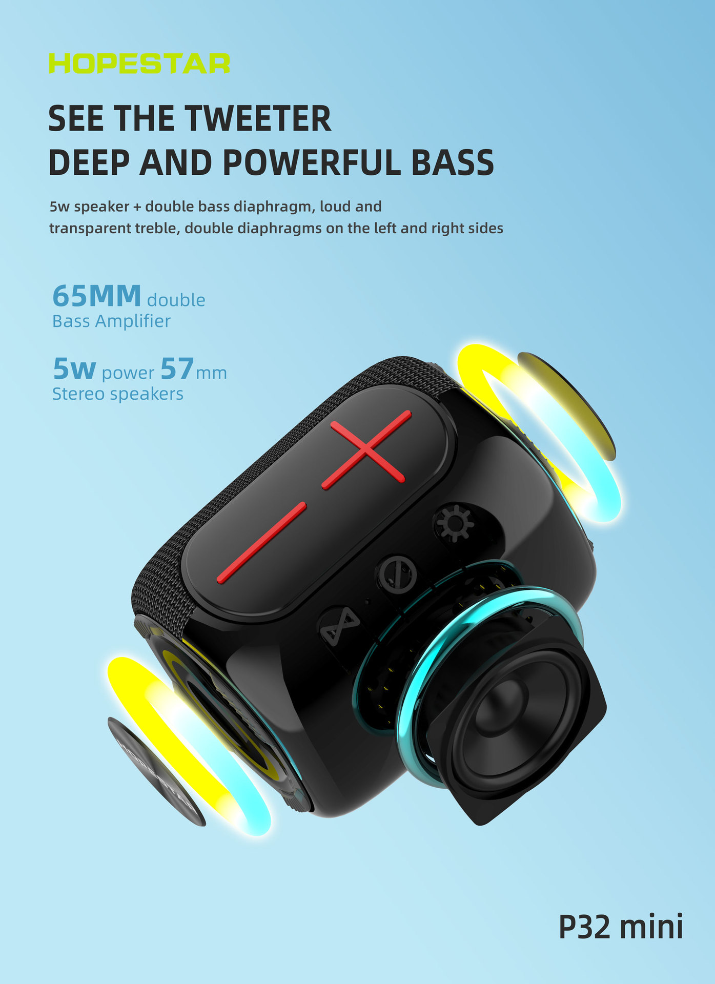 Outdoor USB Portable Waterproof 5w TF Card FM Radio Stereo Bass Led Light P32 Mini Wireless Speaker