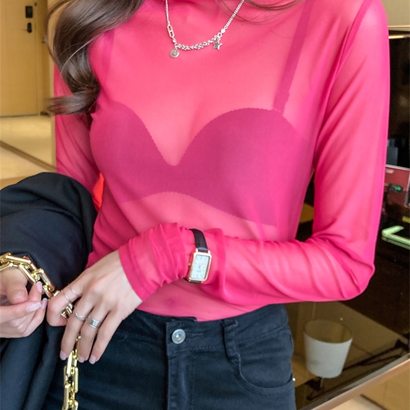 Size M 3XL Girls Colorful Mesh T Shirts Tees Female Transparent Long Sleeve Turtleneck Thin Tshirt Top Spring Fall 220714