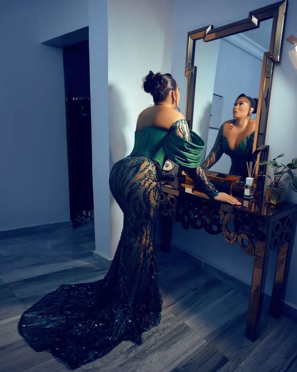 2022 Plus Size Arabic Aso Ebi Dark Green Mermaid Prom Dresses Sheer Neck Evening Formal Party Second Reception Birthday Engagement Gowns Dress ZJ206