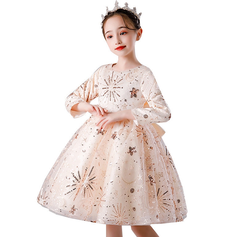 2023 New Year's pink Sequins Flower Girls Dresses for Wedding Off Shoulder Cap Sleeves First holy Communion Dress Kids Prom Dress Girls Pageant G