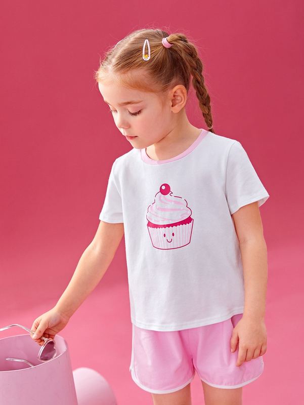 X lyart Toddler Girls Cartoon Graphic Tee & Contrast Binding Shorts SHE