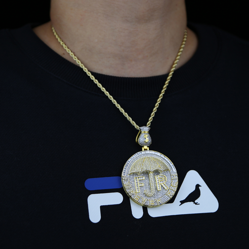 Iced Out Money Umbrella Necklace - 2 Tone Gold & Sier Bg CZ Pendant Hip Hop Jewelry dh5727163