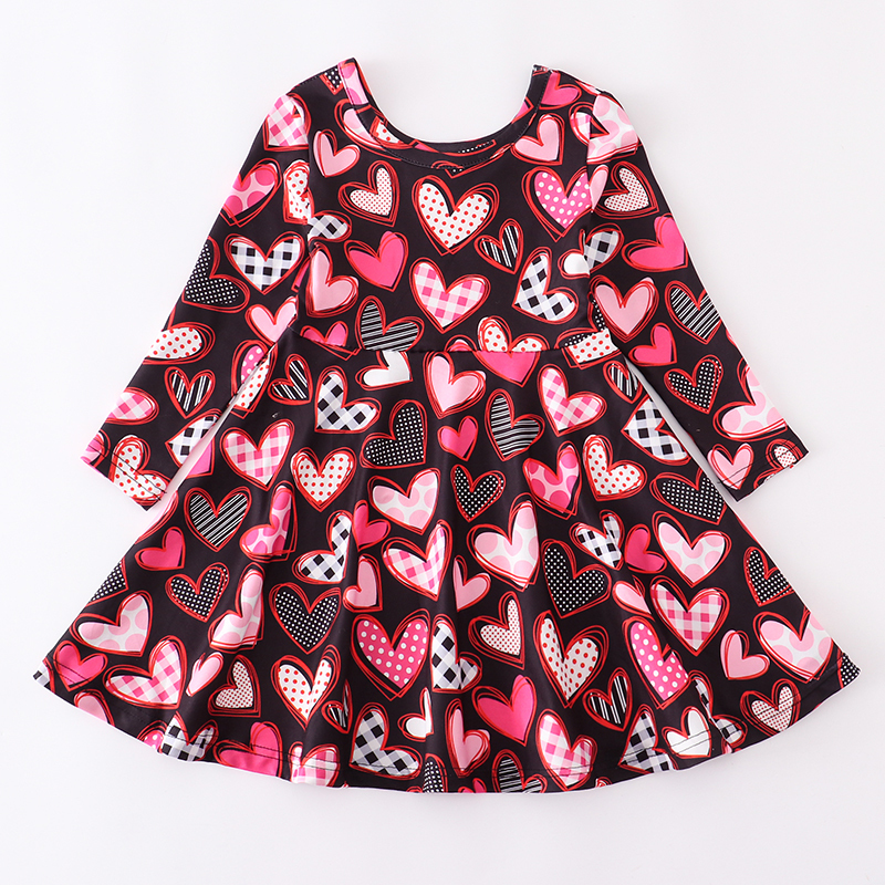 Girlymax Baby Girls Kids Clothing Milk Silk Love Heart Shape Twirl Dress Knee Length Long Sleeve 220707