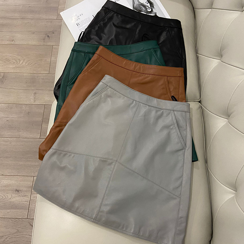 Woman Skirts Elegant Plus Size Fashion Korean Style Genuine Real Leather High Waist Mini Skirt Womens 220322