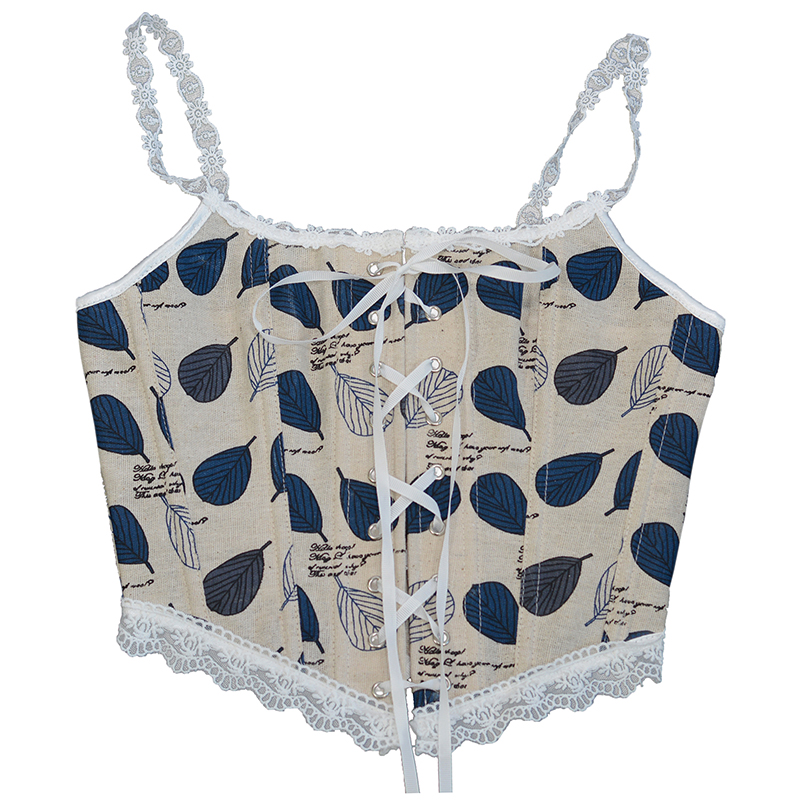 Women Blue Leaves Printed Lace Camis Cropped Corset Fashion Linen Tanks Vintage Plastic Boned Overbust Bustier Tupe Tops Cyber Baby Tee Ropa Fairycore