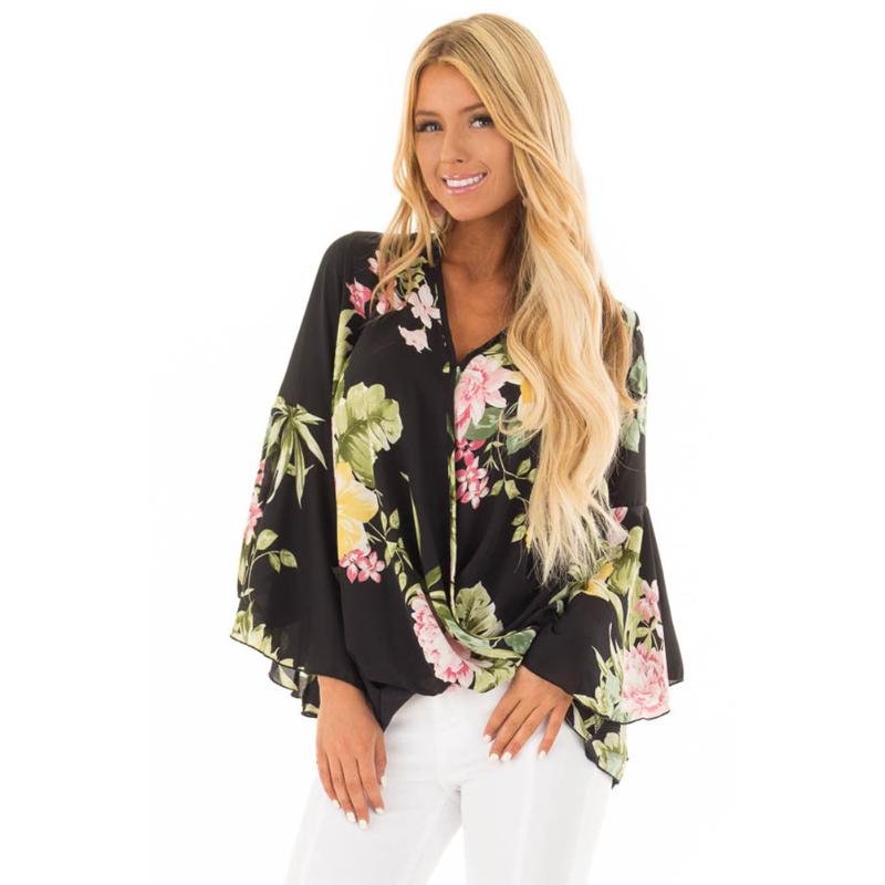 

Women' Blouses & Shirts Summer 2022 Floral Printed Asymmetric Blouse Shirt Women Long Flare Sleeve Casual Sexy V-Neck Ruffles Tops, White