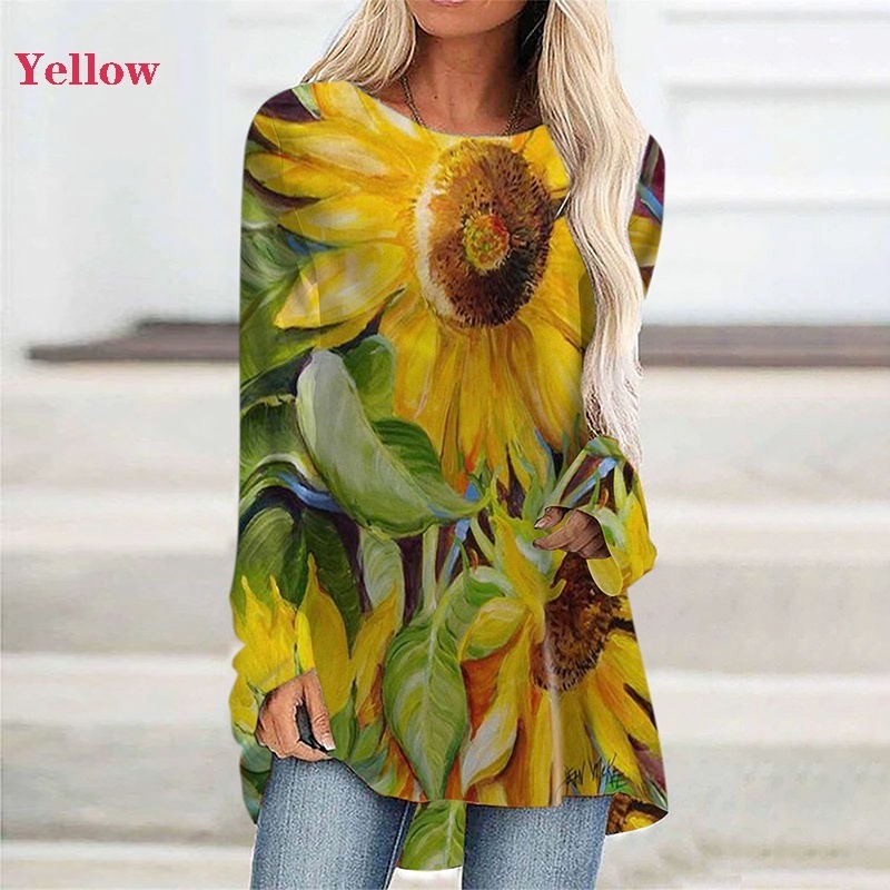 Women Flowers Printed Casual Round Neck Long Sleeves Plus Size Cotton Tunic Loose TShirt Pullover 8XL 220321Z