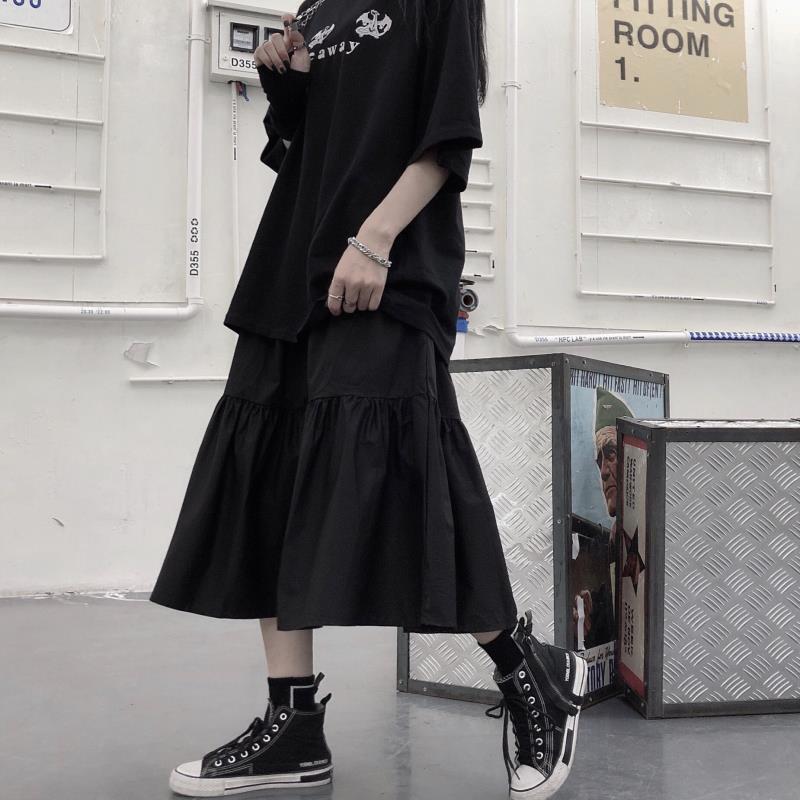 HOUZHOU Gothic Long Skirt Black Goth High Waisted Patchwork Midi Skirt Summer Japanese Style Harajuku Punk Streetwear 220322