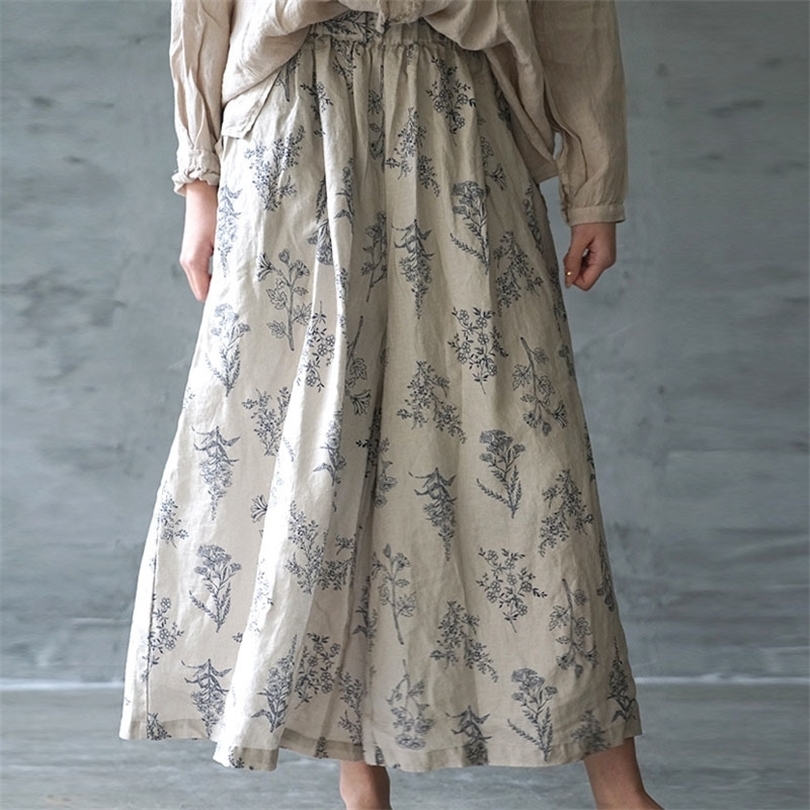 Johnature Summer Retro Floral Print Elastic Waist Cotton Linen Wide Leg Pants New Loose Comfortable Allmatch Women Pants 201012