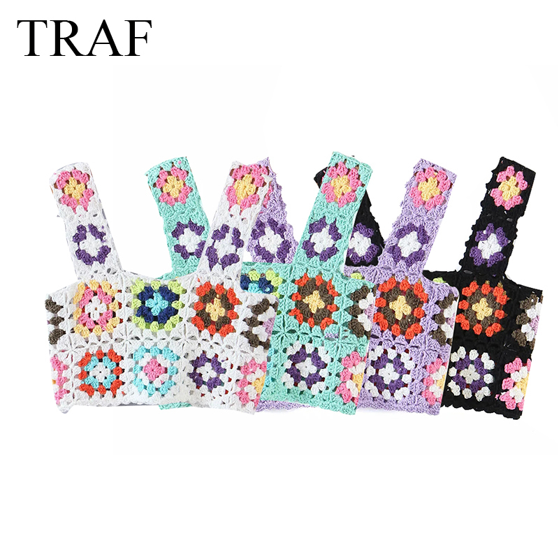 TRAF Women's Clothing Crop Top Handmade Hollow Out Crochet Plaid Flower Tanks Women Summer Knitted Multicolor Tops 220325