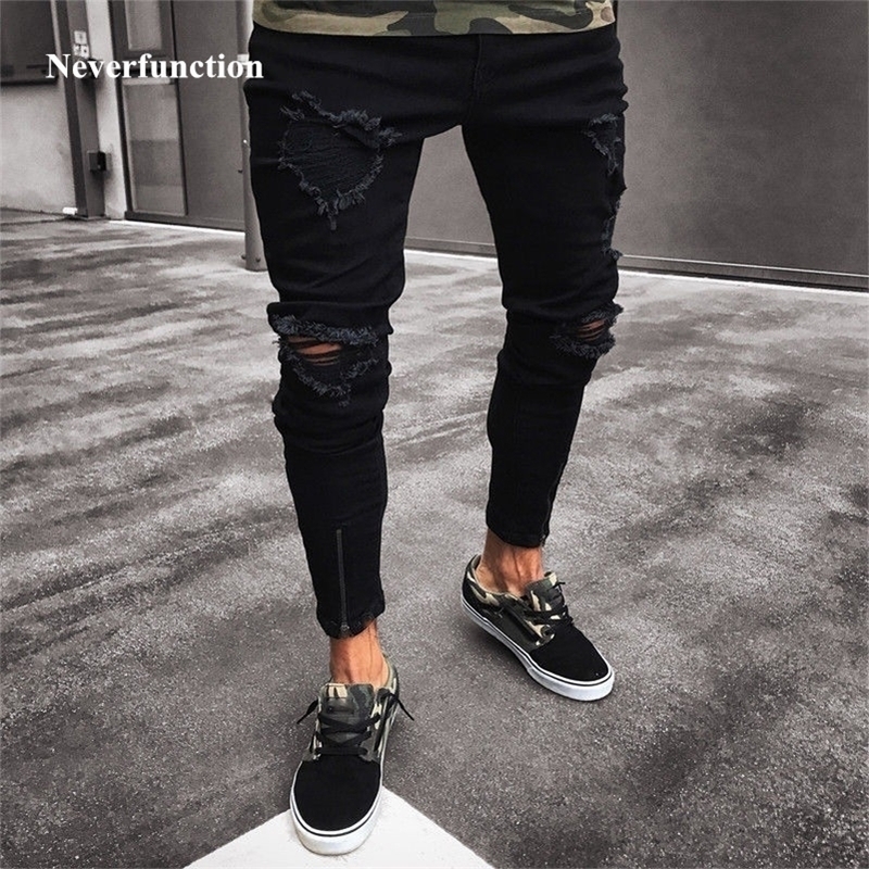 Black Stretch Skinny Fit Bottom zipper Jeans Men Knee Ripped Distressed Hole biker jeans Pants Hip Hop Street Big Size XXXL 201111