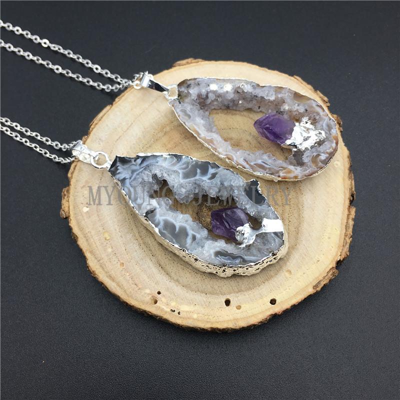 Pendant Necklaces Natural Agates Geode Druzy Slice With Amethysts Point Embedded Necklace Silver Electroplated Edges And Chain MY0855Pendant
Pendant Necklaces Natural Agates Geode Druzy Slice With Amethysts Point Embedded Necklace Silver Electroplated Edges And Chain MY0855Pendant