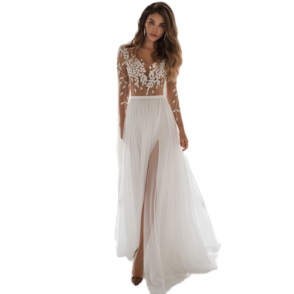 Simple Tulle Wedding Dresses High Split Applique Scoop Neck Sweep Train A-line Long Sleeve Bridal Gowns