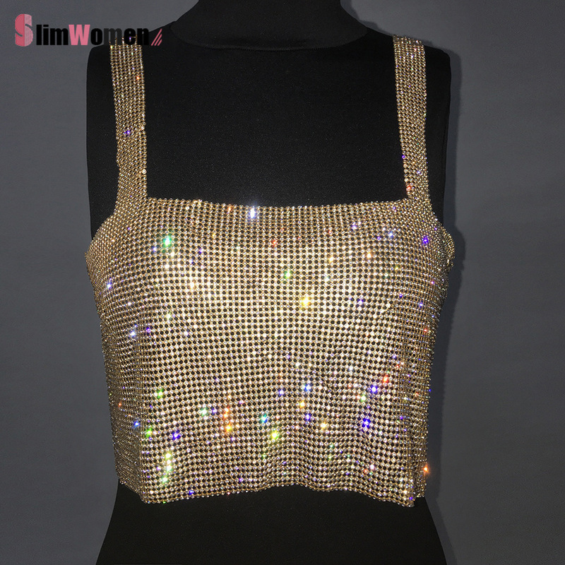 Women Sexy Gothic Crop Top Backless Bling Metallic Sequin Shiny Cute Tank Vest Night Club Party Summer Camisole 220325