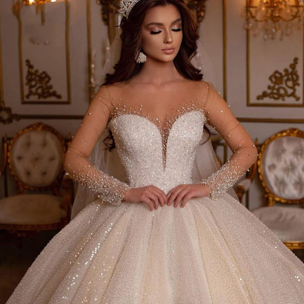 Princess urious Shiny Ball Gown Wedding Dresses Deep V Neck Long Sleeve Strapless Lace Appliques Sequins or Length Train Ruffles Plus Size Robe Custom