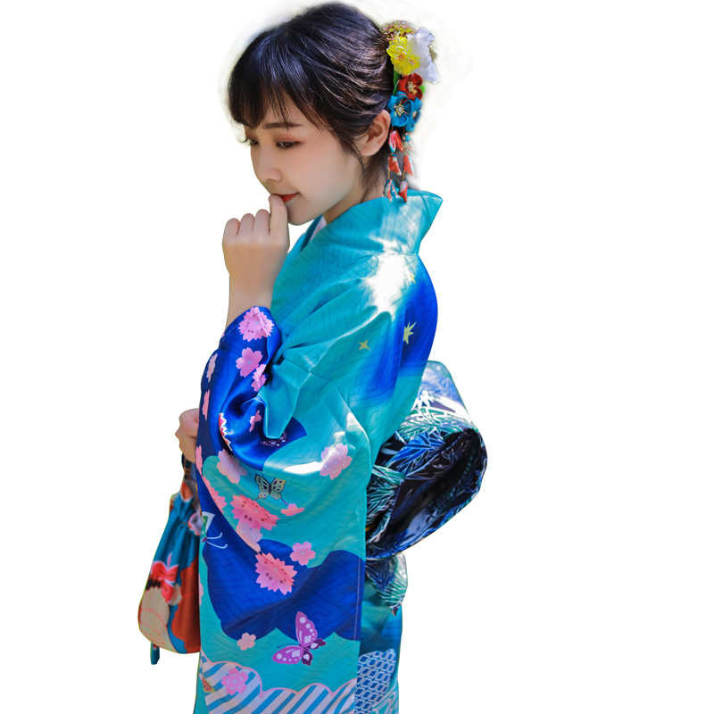Japanese Ethnic Clothing female elk large vibration sleeve kimono formal dress Tokyo Lady gorgeous Standard kimono Green Blue