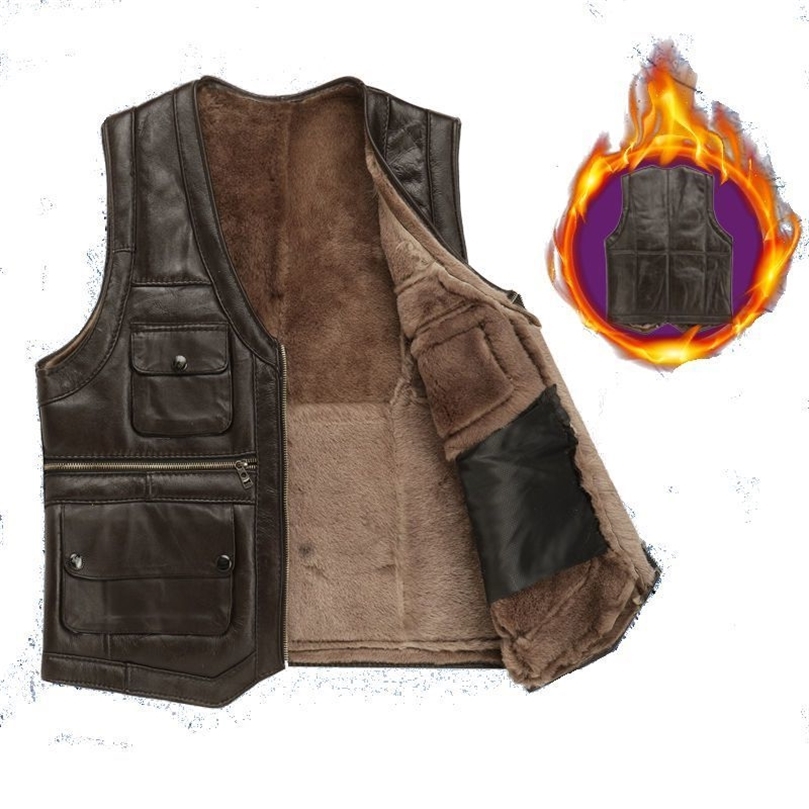 Holyrising Mens Full Real Sheepskin Leather Gilet Motorcycle Vest for Men Pockets Black Brown Leather Coat winter jacket 201128