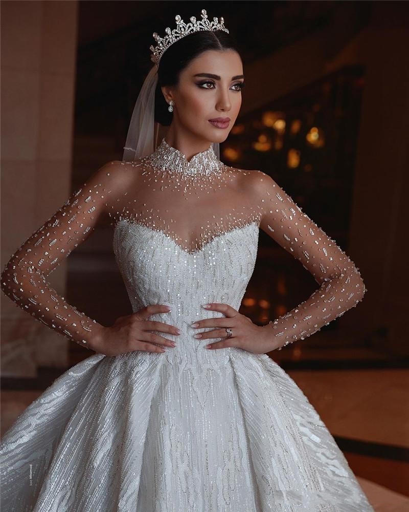 Vestido novia 2022 Princess Luxury Wedding Dress Beaded High Neck Illusion Long Sleeve Puffy Skirt Arabic Bridal Gown