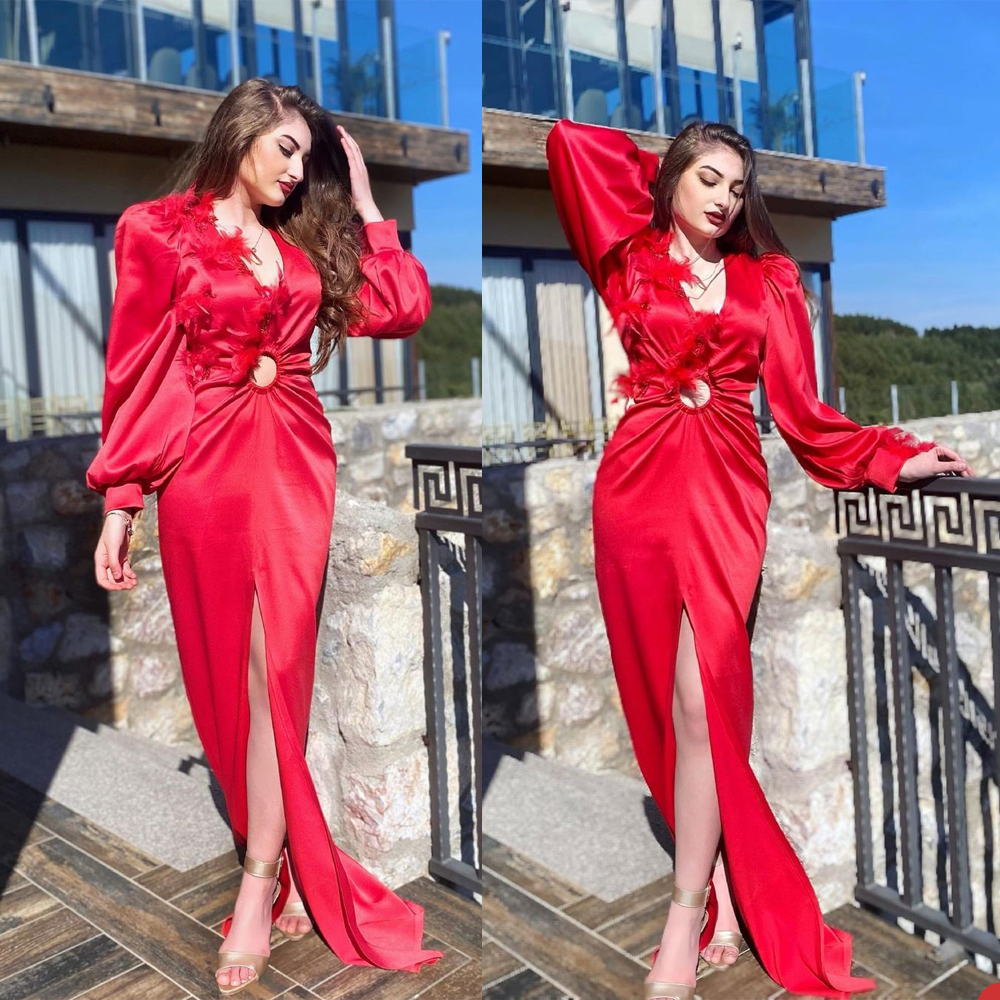 Red Sexy Dress With Long Sleeve Feather Beads Applique Lace Satin Formal Occasion Custom Made Floor-length