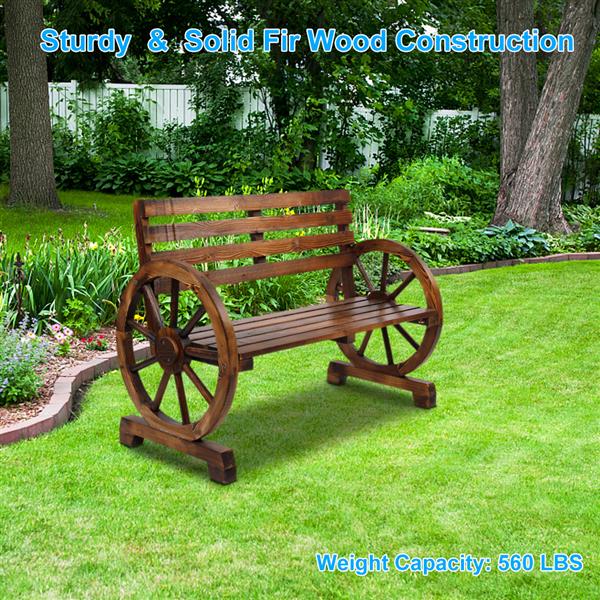 Other Furniture wooden wheelchair Rustic 2-Person Wooden Wagon Wheel Bench with Slatted Seat and Backrest Brown