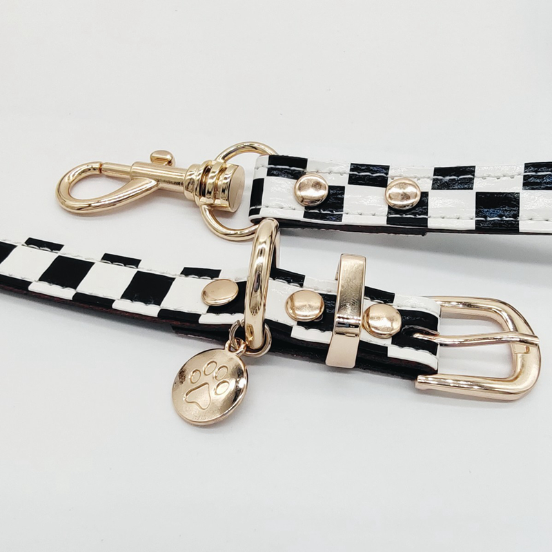 Classic Black White Plaid Collars and Leashes Set Soft Designer Leather Dog Collar for Small Dogs Poodie Chihuahua Pomeranian Yorkshire Outdoor Walk B