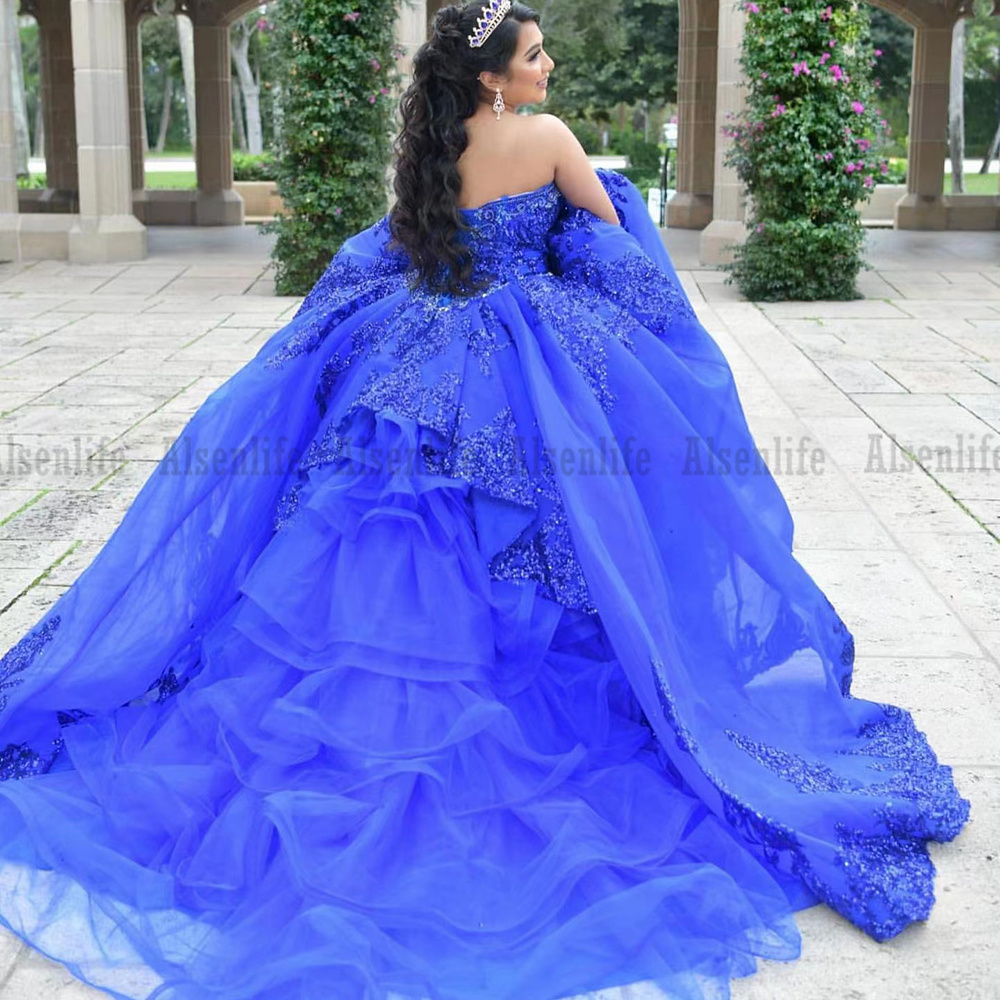 Mexican Royal Blue vestidos de 15 anos Quinceanera Dress with Removeable Sleeves Sequin Applique Sweet 16 Dress Long Prom Gown