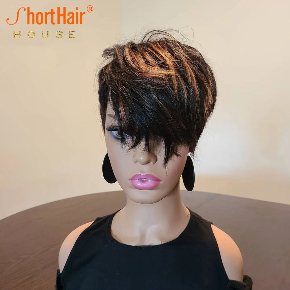 Short Bob Pixie Cut Wig Highlight Color Human Hair Wigs With Long Natural Bangs For Black Women Full Machine Made