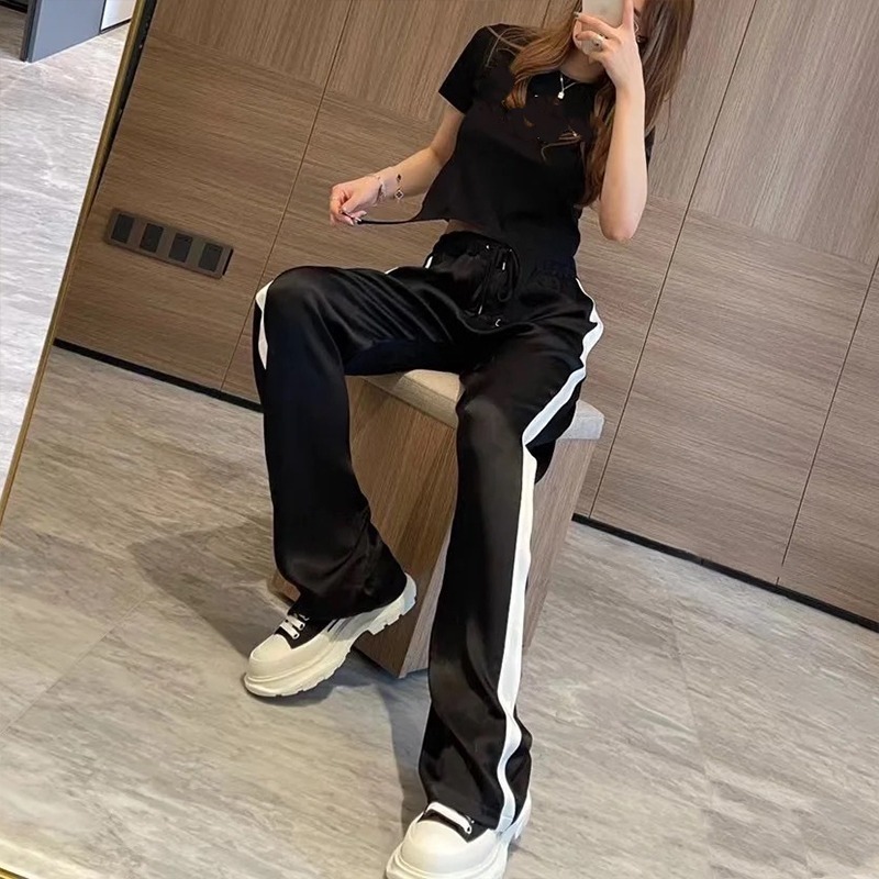 Spring Summer Women Fashion Trouser C Word Wide Leg High Waist Casual Black Drape Effect Sport Pants Trend Show Thin Comfort 220325