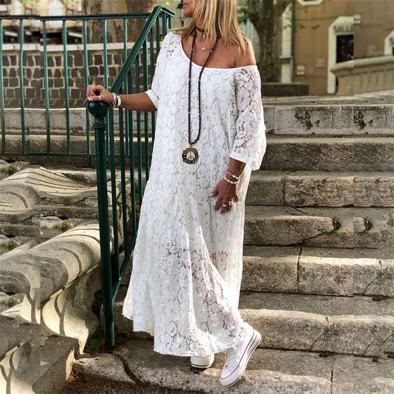 ZANZEA Women Lace Crochet Maxi Long Dress Summer O Neck 3 4 Sleeve Party Vestidos Robe Femme Bohemian Sundress Casual 220613