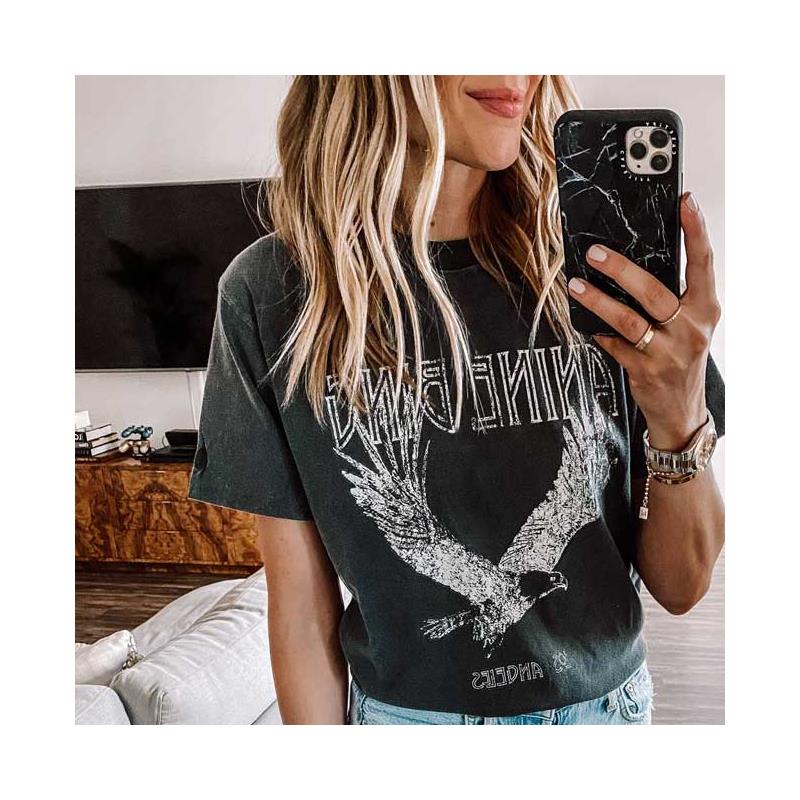 Super Chic Summer Round Neck Pullover Cotton Womens Tshirt Black Bing Eagle Print Tee Za