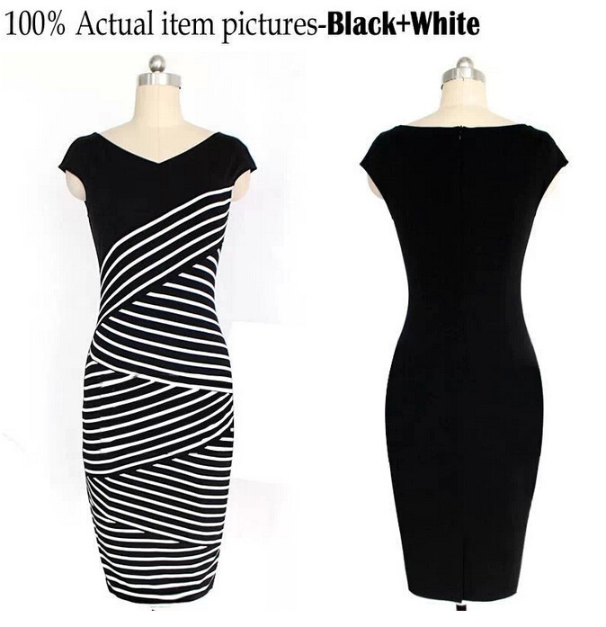 Women Summer Dresses New Black And White Stripe Dress Cultivate Pencil Vintage Plus Size Dresses Vestidos