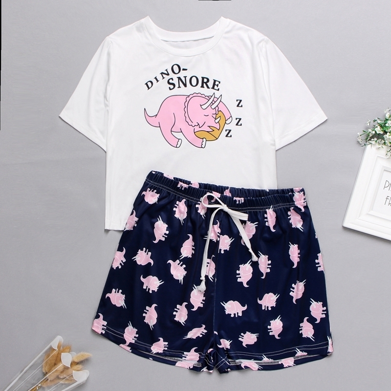 Womens Homewear Cute Cartoon Printed Pajamas Set Casual Short Sleeve T-Shirt Sleepwear Nightwear Summer Pyjama For Women 220329