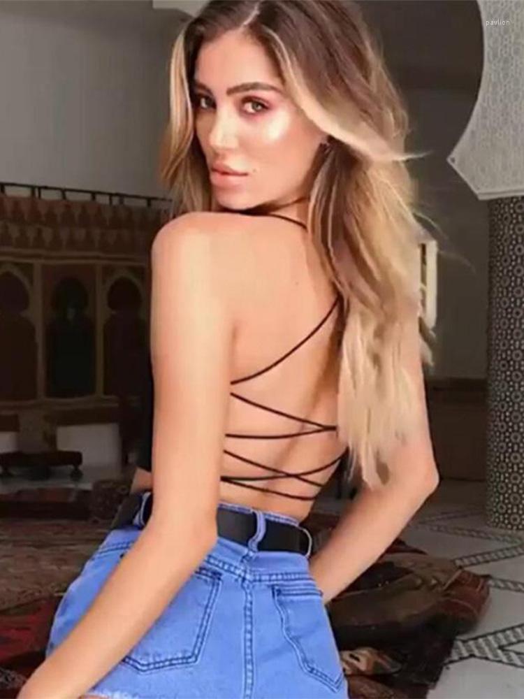 Women' Tanks & Camis 2022 Sexy Women Vest Crop TopSleeveless Beach Sports Tank Tops Bodycon Party Backless Spaghetti Straps Clubwear, Red