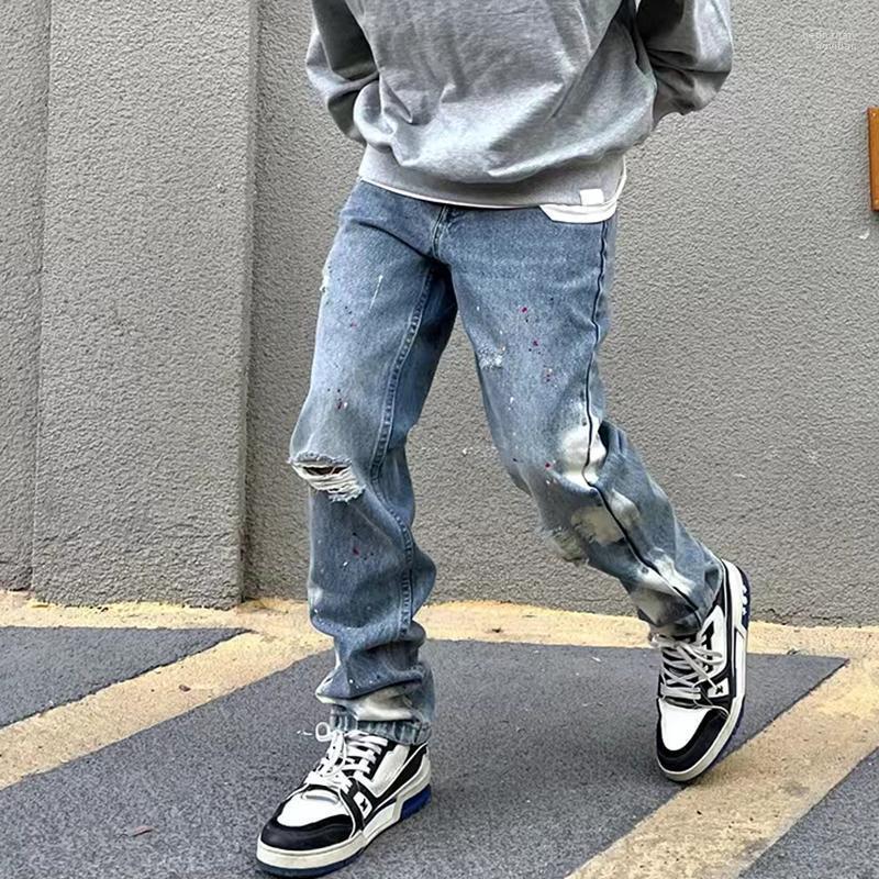Men's Jeans Hip Hop Ink Painted Hole Frayed Casual Denim Trousers Mens And Women Harajuku Straight Patchwork Baggy Oversized PantsMen's Bert, Blue
Men's Jeans Hip Hop Ink Painted Hole Frayed Casual Denim Trousers Mens And Women Harajuku Straight Patchwork Baggy Oversized PantsMen's Bert, Blue