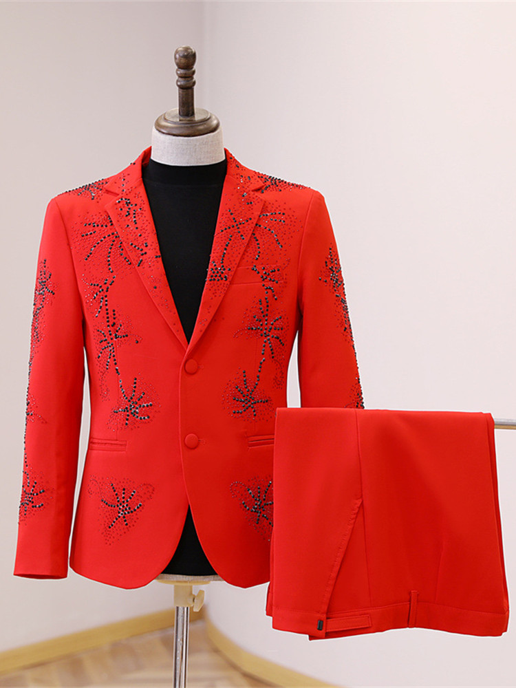 Men's Red Shiny Rhinestones Blazer Suits Male Singer Stage Concert Floor Show Suit Jacket Pants 2 Piece Set Groom Wedding Suit Formal Tuxedo