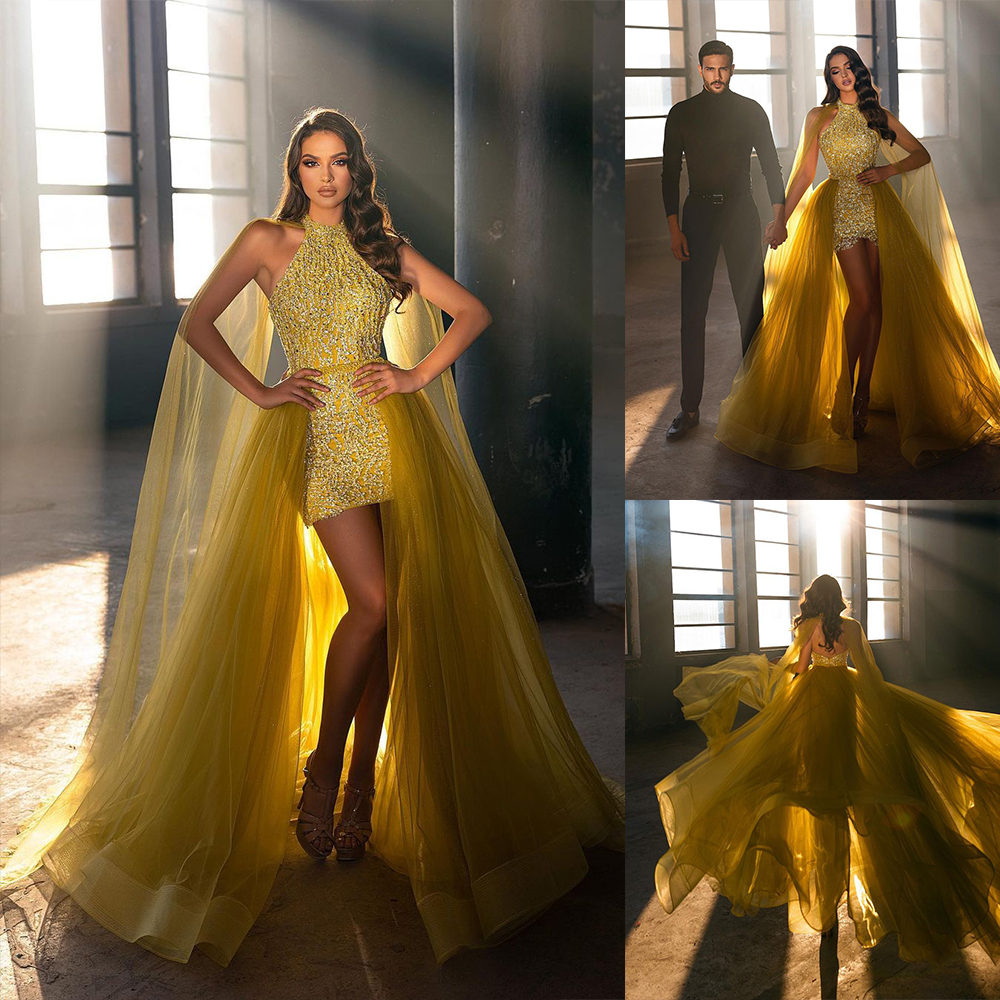 Yellow Sequined Shiny Prom Dress Halter Sleeveless Short Evening Dresses With Detachable Train Custom Made Formal Gowns