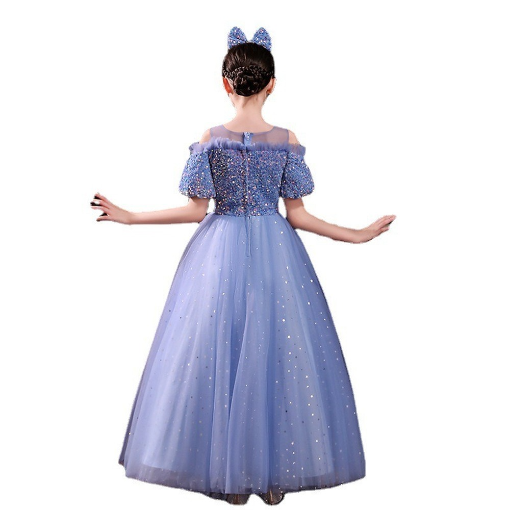 Blue Girls Pageant Sequined Toddler Gowns Jewel Long Formal Kids Party Ball Gown Flower Girl Dresses For Weddings 403