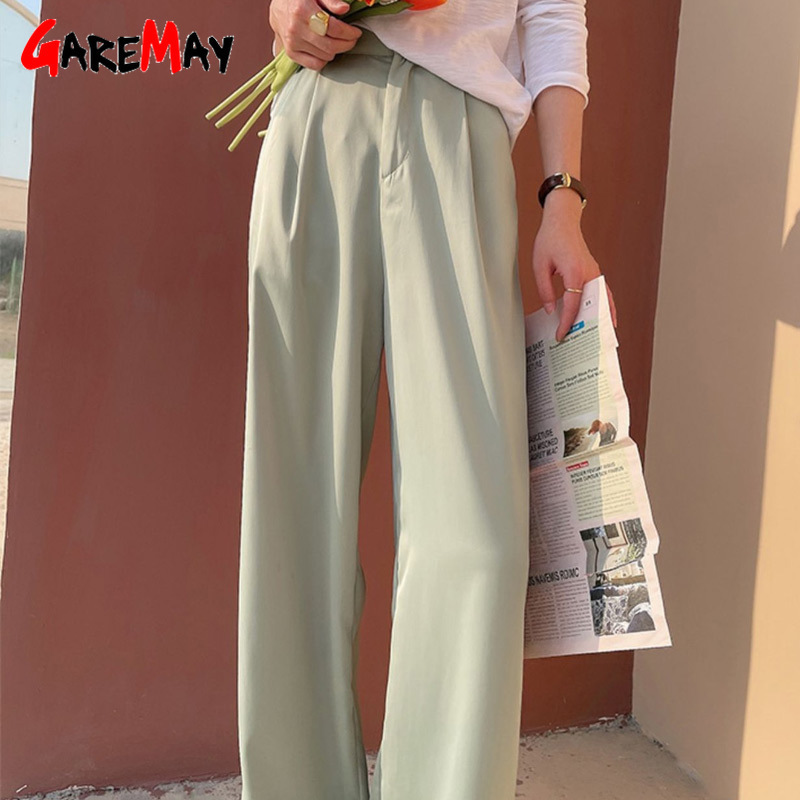 Summer Autumn Women's Pants Loose Classic Black Straight High Waist Casual Korean Silk Satin Wide Leg Trousers for Women 220325