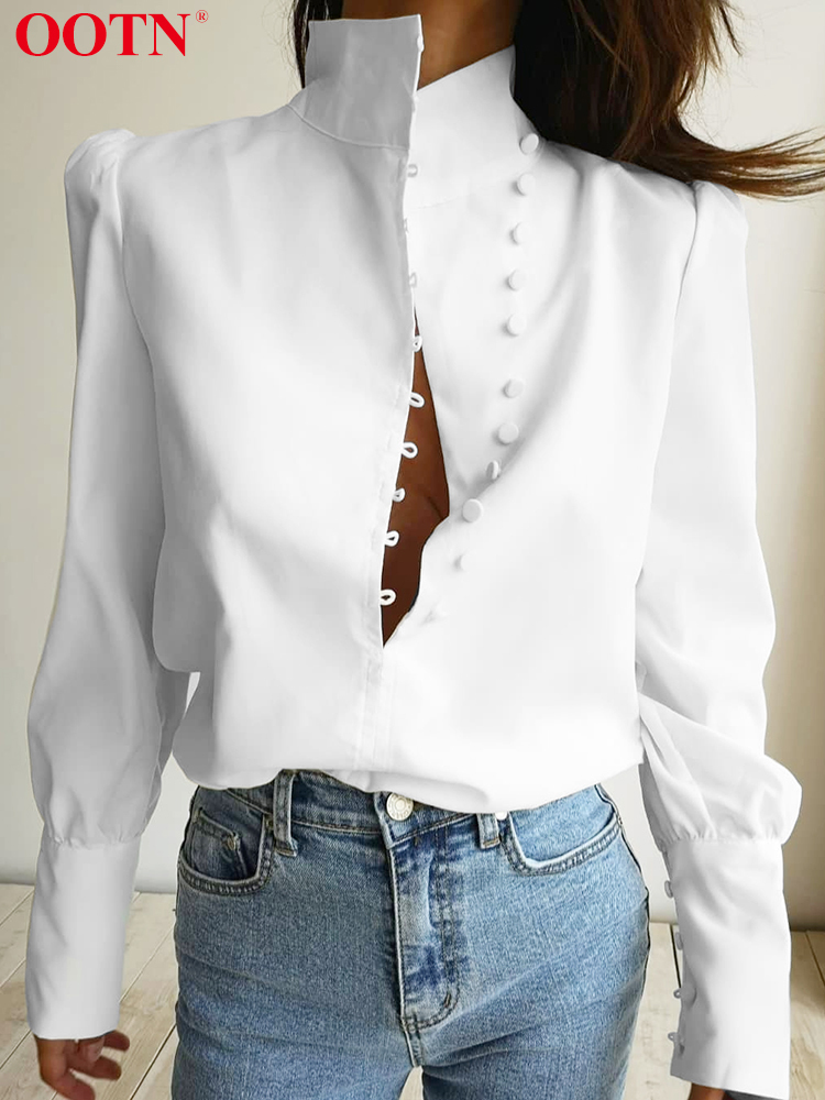 OOTN Elegant Turtleneck Blouse Long Sleeve White Shirt Office Ladies Tops Casual Single-Breasted Puff Sleeve Women Blouse 220407